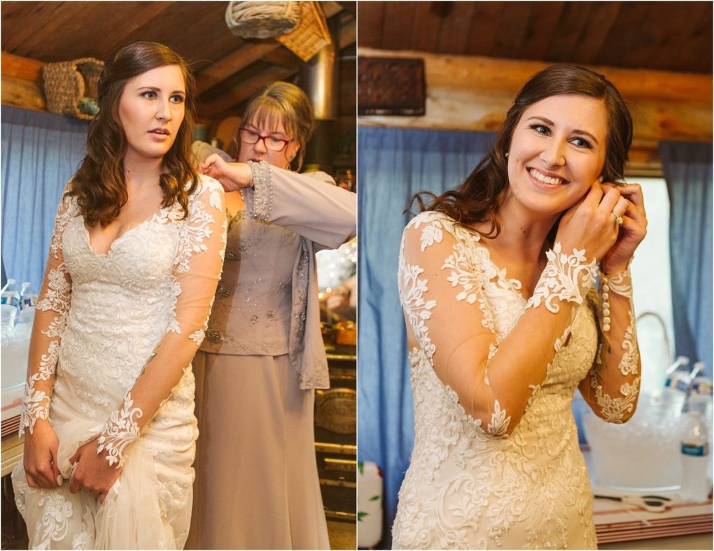 Premier snohomish & seattle wedding photographer | gsquared weddings photography a bride in a white lace wedding dress gets help with her gown in one photo and smiles while putting on earrings in another both inside a cozy rustic room with wooden walls and blue curtains at a charming snohomish seattle wedding | serving snohomish seattle                   & beyond