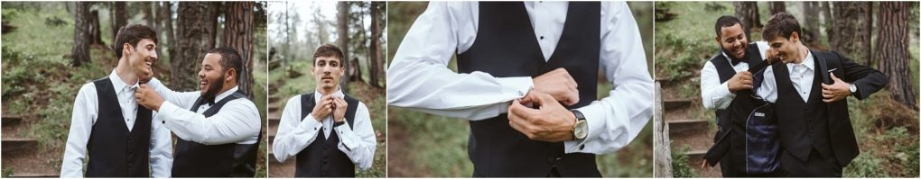 Premier snohomish & seattle wedding photographer | gsquared weddings photography four photos show two men in dress shirts and vests outdoors helping each other get ready for their snohomish seattle wedding They adjust ties cufflinks and jackets surrounded by trees and greenery on a forested pathway | serving snohomish seattle                   & beyond