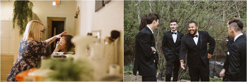 Premier snohomish & seattle wedding photographer | gsquared weddings photography a split image on the left a stylist adjusts a womans hair in a salon on the right four men in tuxedos laugh and talk outside among trees at a snohomish seattle wedding engagement | serving snohomish seattle                   & beyond