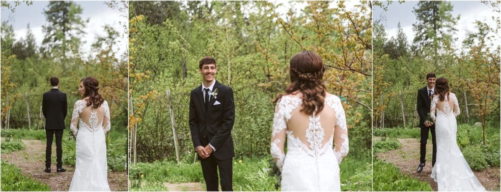 Premier snohomish & seattle wedding photographer | gsquared weddings photography a bride in a white lace dress walks toward a groom in a black suit for a first look in a lush green outdoor setting The groom turns and smiles as he sees her during their romantic snohomish wedding near seattle | serving snohomish seattle                   & beyond