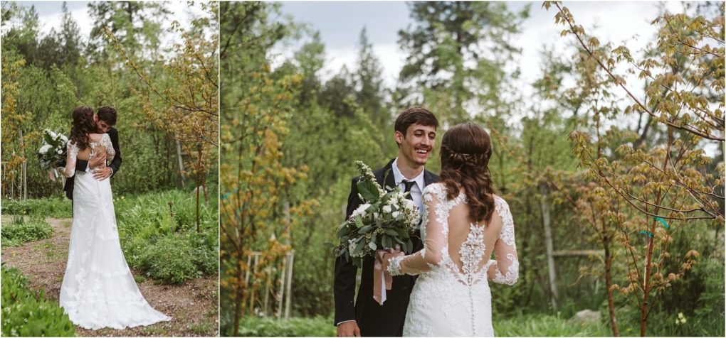 Premier snohomish & seattle wedding photographer | gsquared weddings photography a bride in a lacy white dress and a groom in a black suit smile and embrace in a lush green snohomish garden perfect for a romantic seattle wedding or engagement surrounded by trees and plants | serving snohomish seattle                   & beyond