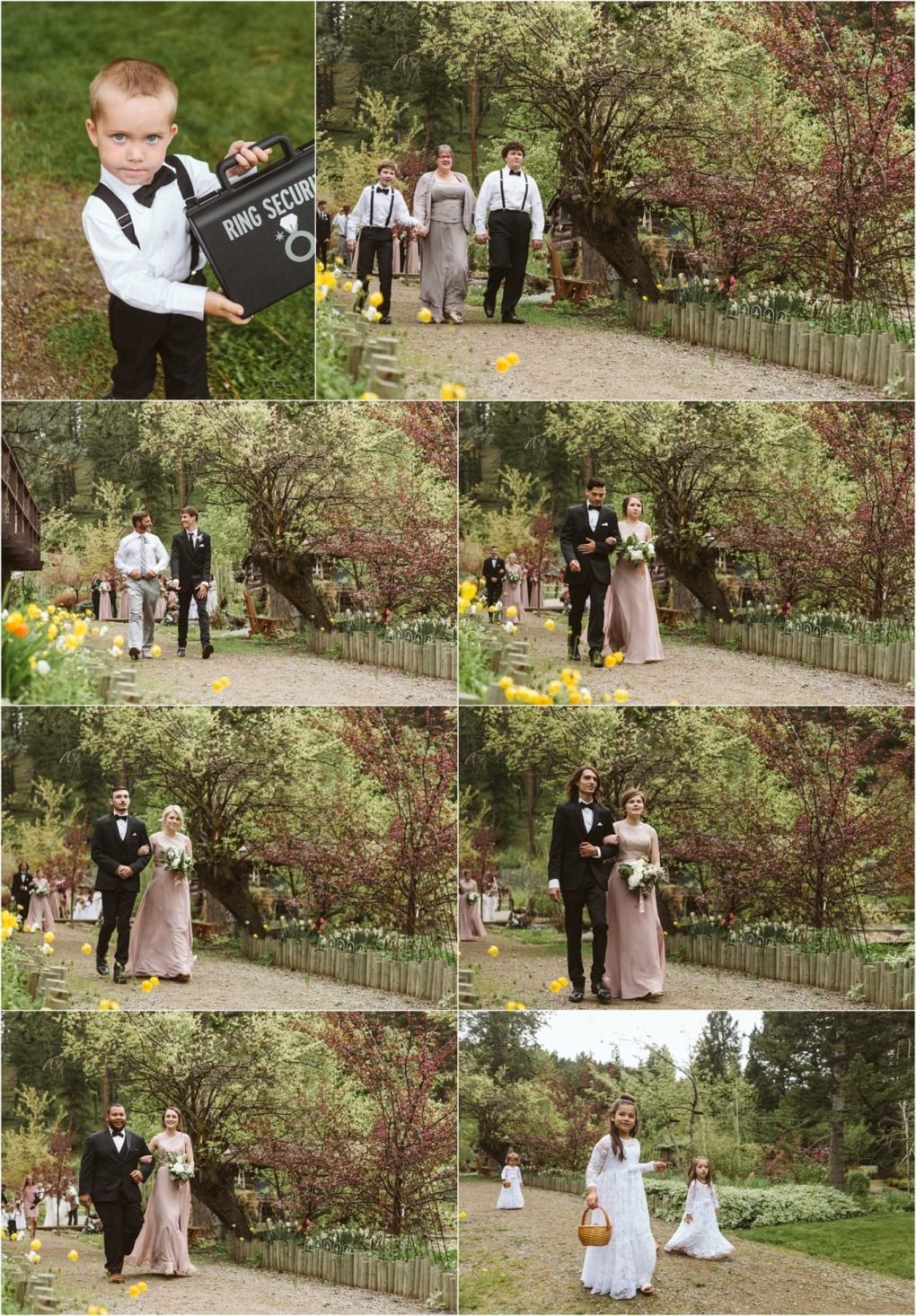 Premier snohomish & seattle wedding photographer | gsquared weddings photography a collage of outdoor snohomish wedding procession photos shows children and adults walking along a garden path One boy dressed as ring security holds a briefcase while couples and children follow surrounded by greenery and flowers | serving snohomish seattle                   & beyond