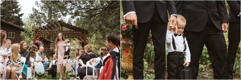 Premier snohomish & seattle wedding photographer | gsquared weddings photography a woman carries a baby down an outdoor snohomish wedding aisle as guests watch In a second image a young boy in a suit holds an adults hand and suitcase standing among groomsmen and flowers at this seattle engagement celebration | serving snohomish seattle                   & beyond