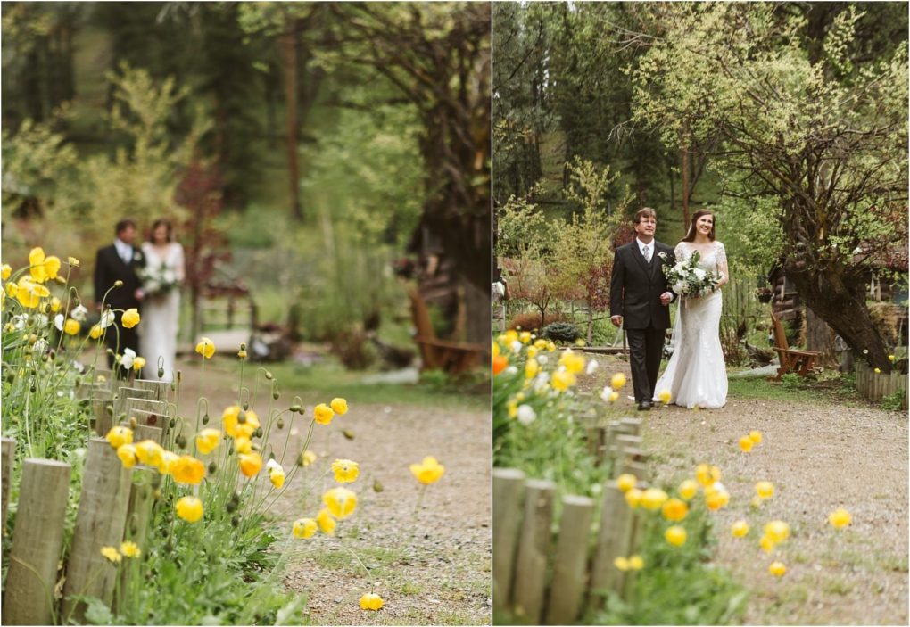 Premier snohomish & seattle wedding photographer | gsquared weddings photography a bride in a white dress walks down a garden path lined with yellow flowers escorted by a man in a suit The snohomish backdrop features lush greenery and trees creating a serene outdoor wedding setting near seattle | serving snohomish seattle                   & beyond