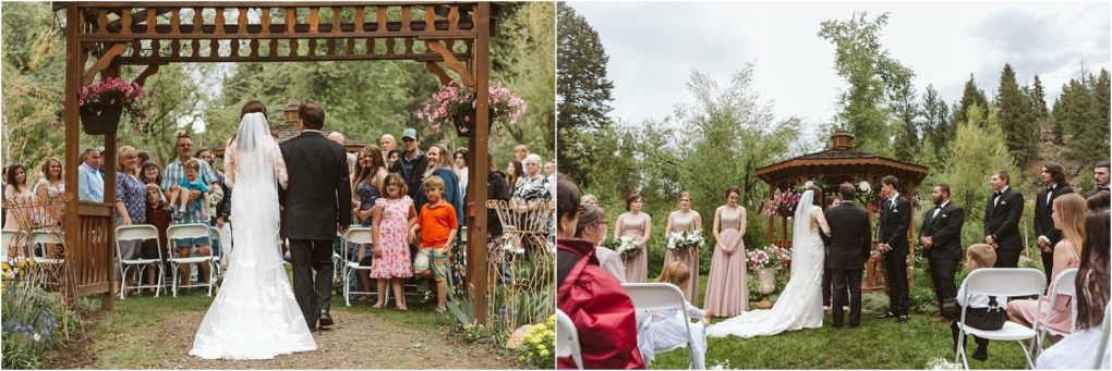 Premier snohomish & seattle wedding photographer | gsquared weddings photography two photos capture a snohomish seattle wedding the bride walks down the aisle with a man beside her then stands with the groom and bridal party near a gazebo surrounded by seated guests and lush greenery | serving snohomish seattle                   & beyond
