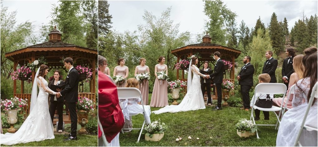 Premier snohomish & seattle wedding photographer | gsquared weddings photography a bride and groom stand facing each other holding hands during a romantic snohomish wedding ceremony in front of a wooden gazebo surrounded by bridesmaids in pink dresses groomsmen in black suits and wedding guests | serving snohomish seattle                   & beyond