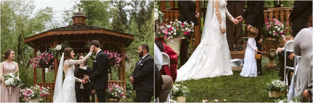 Premier snohomish & seattle wedding photographer | gsquared weddings photography a bride and groom exchange vows at an outdoor snohomish wedding near a gazebo surrounded by bridesmaids groomsmen and floral arrangements In the second image a young girl holds the brides hand during the ceremony | serving snohomish seattle                   & beyond