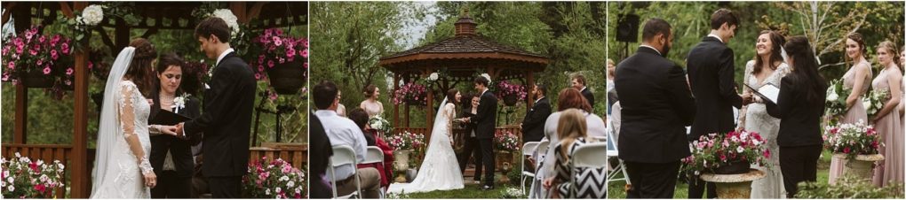 Premier snohomish & seattle wedding photographer | gsquared weddings photography three photos capture a snohomish wedding ceremony in front of a flower decorated gazebo The bride and groom exchange vows surrounded by guests bridesmaids and the officiant beneath the cloudy seattle sky | serving snohomish seattle                   & beyond