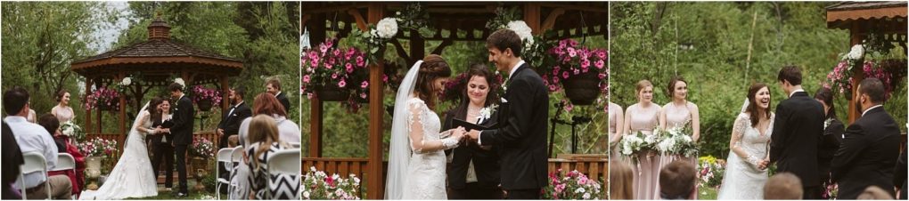 Premier snohomish & seattle wedding photographer | gsquared weddings photography a bride and groom exchange vows in an outdoor snohomish wedding ceremony by a wooden gazebo surrounded by bridesmaids guests and pink flowers | serving snohomish seattle                   & beyond
