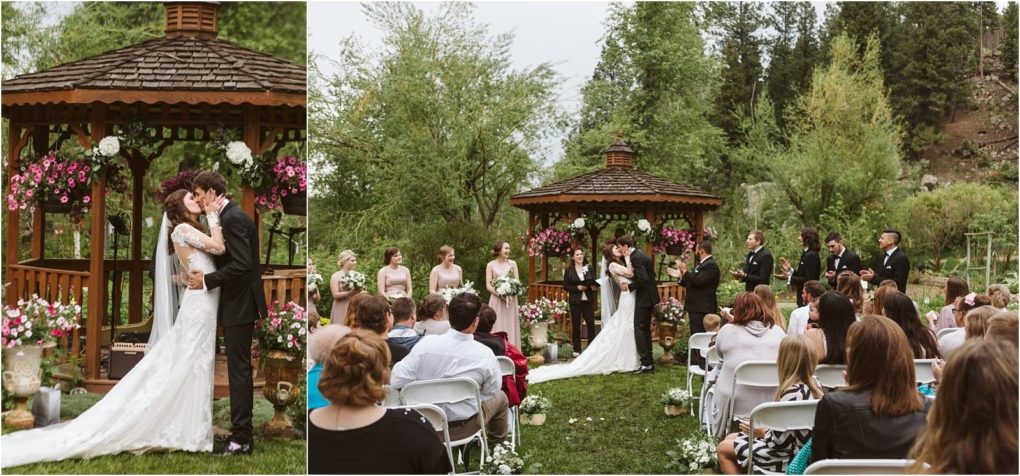 Premier snohomish & seattle wedding photographer | gsquared weddings photography a bride and groom kiss in front of a flower decorated gazebo during an outdoor snohomish wedding ceremony surrounded by bridesmaids groomsmen and seated guests on a grassy lawn | serving snohomish seattle                   & beyond