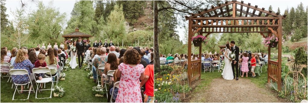Premier snohomish & seattle wedding photographer | gsquared weddings photography a couple gets married outdoors at a snohomish seattle wedding guests face a pavilion for the ceremony surrounded by trees later the couple walks under a wooden arbor greeted by seated guests on a grassy path | serving snohomish seattle                   & beyond