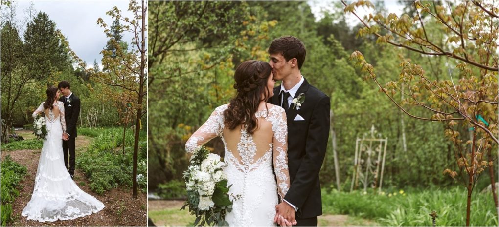 Premier snohomish & seattle wedding photographer | gsquared weddings photography a bride in a long sleeved lace dress and a groom in a black suit stand outdoors in a lush snohomish garden holding hands and embracing surrounded by vibrant greenerythe perfect seattle wedding moment | serving snohomish seattle                   & beyond