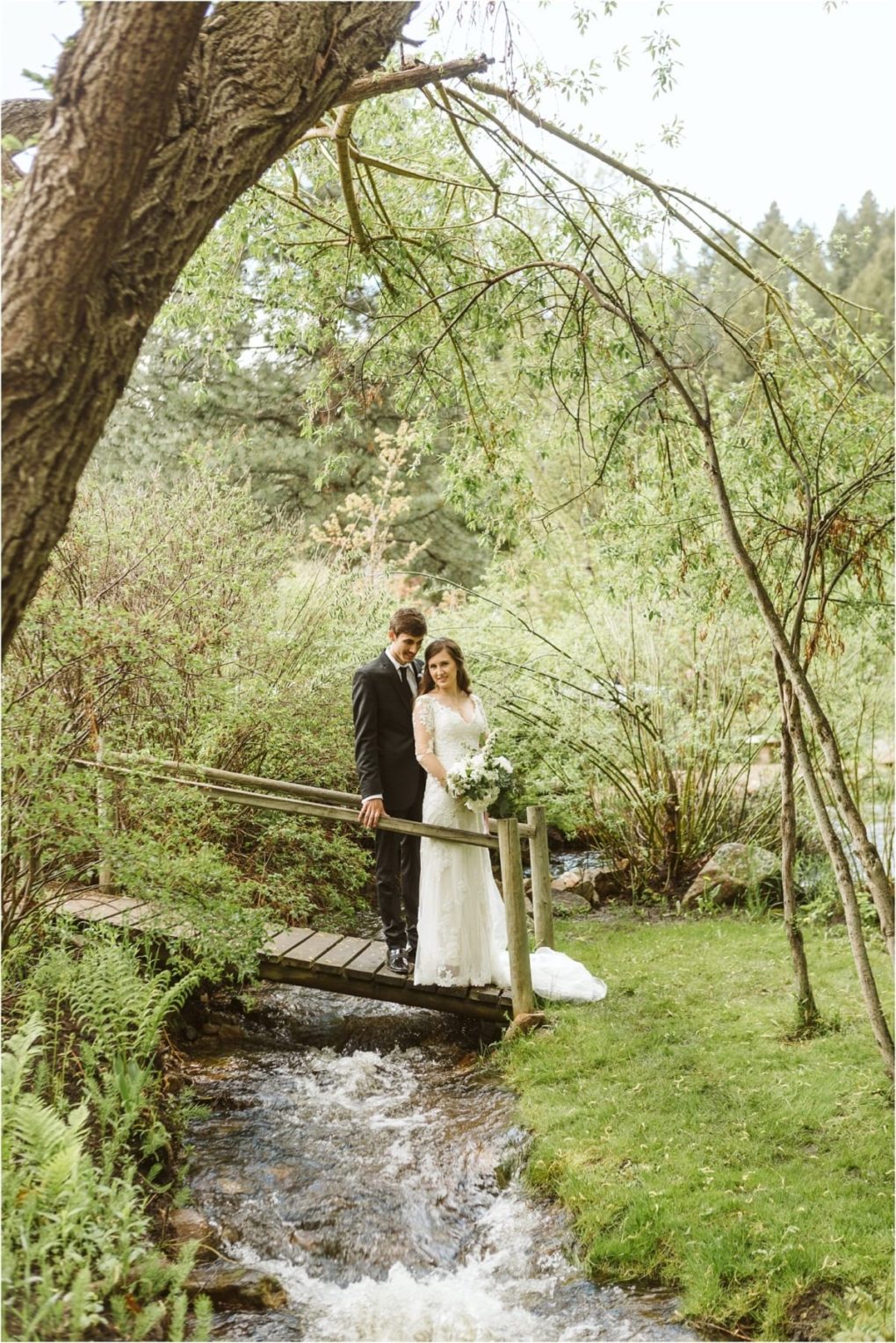 Premier snohomish & seattle wedding photographer | gsquared weddings photography a bride and groom stand together on a small wooden bridge over a stream surrounded by lush greenery in a peaceful snohomish outdoor settingperfect for a romantic seattle wedding or engagement | serving snohomish seattle                   & beyond