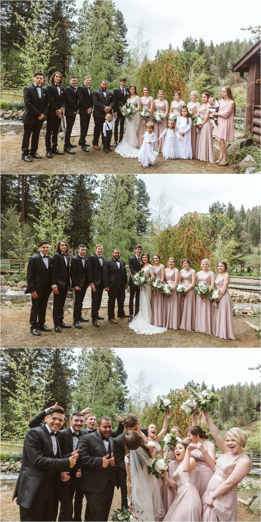 Premier snohomish & seattle wedding photographer | gsquared weddings photography three photos capture a joyful snohomish wedding party outdoors the bride groom bridesmaids in blush dresses and groomsmen in black suits celebrate together in a scenic wooded area near seattle | serving snohomish seattle                   & beyond