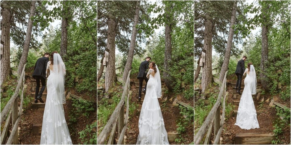 Premier snohomish & seattle wedding photographer | gsquared weddings photography a bride in a white lace gown and veil follows a groom dressed in black as they walk up wooden steps through a lush green forest during their snohomish seattle wedding She looks back and smiles in the middle photo | serving snohomish seattle                   & beyond