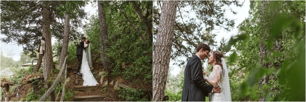 Premier snohomish & seattle wedding photographer | gsquared weddings photography a bride and groom stand together outdoors on a forested path in snohomish The bride wears a long white dress with a veil while the groom is in a dark suit They embrace and smile among tall trees and greenery during their seattle wedding | serving snohomish seattle                   & beyond