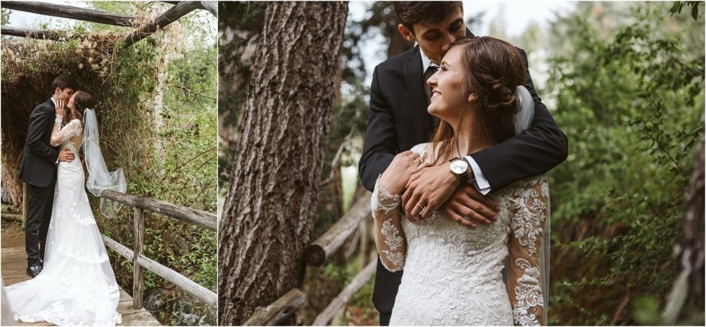 Premier snohomish & seattle wedding photographer | gsquared weddings photography a bride in a lace wedding dress and groom in a suit embrace outdoors on a wooden path surrounded by greenery They smile and share a tender moment during their romantic snohomish seattle wedding engagement | serving snohomish seattle                   & beyond