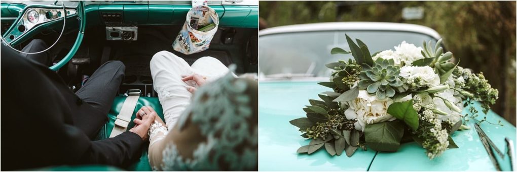 Premier snohomish & seattle wedding photographer | gsquared weddings photography a couple holding hands inside a vintage turquoise car with a bouquet of white flowers and greenery on the hoodcapturing a timeless snohomish seattle wedding engagement moment | serving snohomish seattle                   & beyond