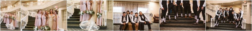 Premier snohomish & seattle wedding photographer | gsquared weddings photography a collage from a snohomish seattle wedding shows a bridal party and groomsmen indoors on a staircase bridesmaids in blush dresses with the bride in white and groomsmen in black suits sitting and standing on the stairs | serving snohomish seattle                   & beyond