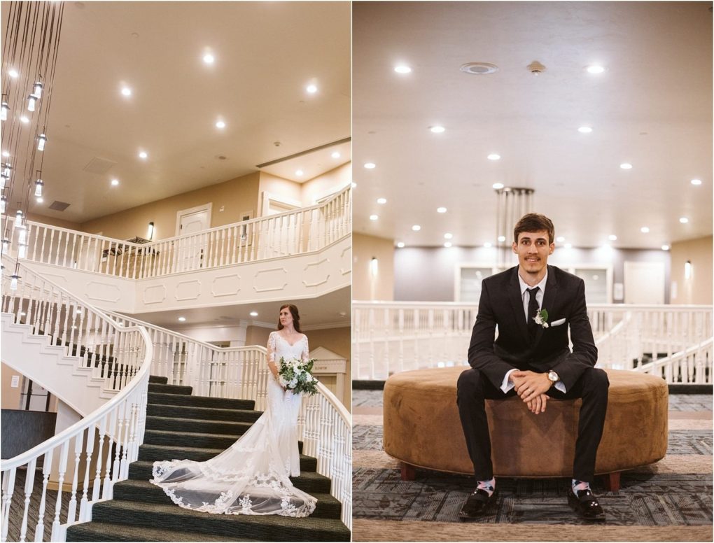 Premier snohomish & seattle wedding photographer | gsquared weddings photography split image left side shows a bride in a white gown holding a bouquet on a curved staircase indoors Right side features a groom in a black suit sitting on an ottoman posingperfect for a snohomish or seattle wedding engagement | serving snohomish seattle                   & beyond
