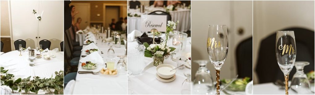 Premier snohomish & seattle wedding photographer | gsquared weddings photography a collage of four snohomish wedding reception images a round table with greenery a long banquet table with reserved sign a close up of a wine glass with mr  and another with mrs  written in gold | serving snohomish seattle                   & beyond