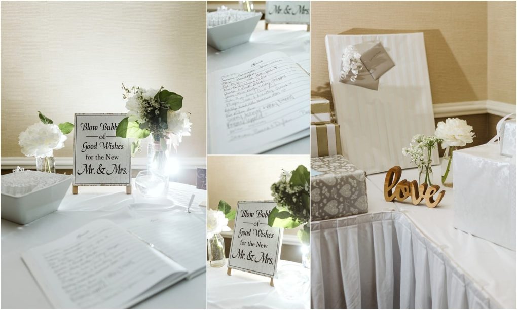 Premier snohomish & seattle wedding photographer | gsquared weddings photography a wedding guestbook table at a snohomish seattle wedding featuring flowers a please build good wishes for the new mr & mrs  sign a pen wrapped gifts and a love sign elegantly arranged on a white tablecloth | serving snohomish seattle                   & beyond
