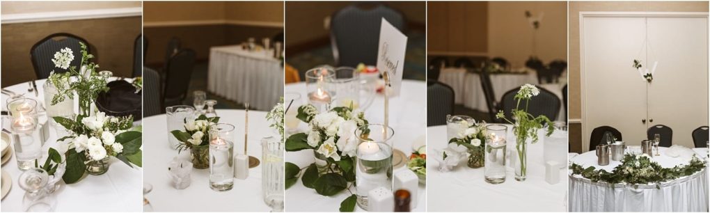 Premier snohomish & seattle wedding photographer | gsquared weddings photography a collage of four images shows snohomish wedding reception tables decorated with white flowers greenery and floating candles in glass vases with one table featuring a garland and a wall with hanging flowers | serving snohomish seattle                   & beyond