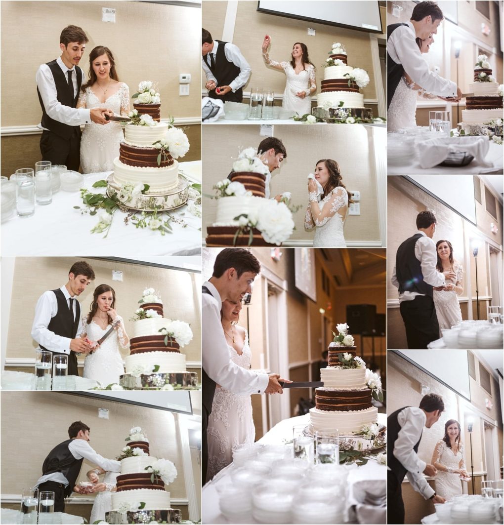 Premier snohomish & seattle wedding photographer | gsquared weddings photography a bride and groom stand by a tiered wedding cake smiling as they cut and feed each other cake The collage captures joyful moments from their snohomish seattle wedding cake cutting ceremony | serving snohomish seattle                   & beyond
