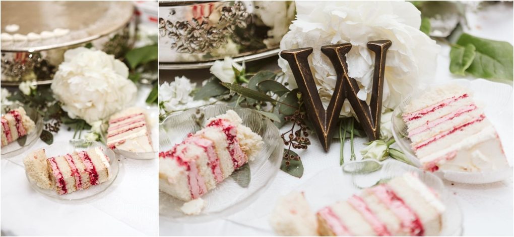 Premier snohomish & seattle wedding photographer | gsquared weddings photography three slices of layered cake with pink and white frosting on clear plates sit on a white tablecloth surrounded by white flowers green leaves a mirrored tray and a decorative gold letter wperfect for a snohomish seattle wedding or engagement celebration | serving snohomish seattle                   & beyond