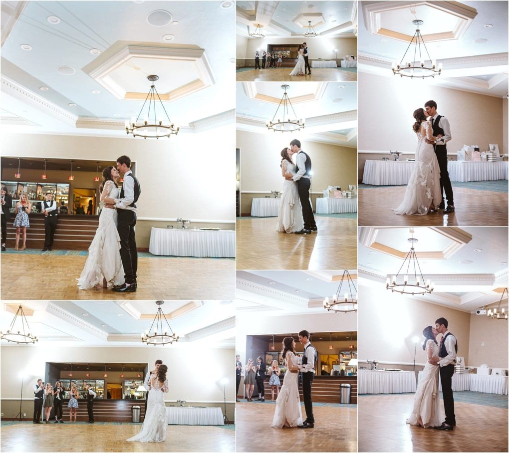 Premier snohomish & seattle wedding photographer | gsquared weddings photography a collage of nine photos shows a snohomish bride and groom sharing their first dance in a bright elegant ballroom surrounded by friends and family watching and taking photos at their seattle wedding | serving snohomish seattle                   & beyond
