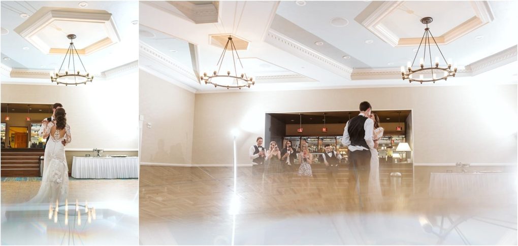 Premier snohomish & seattle wedding photographer | gsquared weddings photography a bride and groom share their first dance in a spacious elegant snohomish ballroom with high ceilings and chandeliers while guests watch and take photos The soft romantic lighting sets the perfect seattle wedding atmosphere | serving snohomish seattle                   & beyond