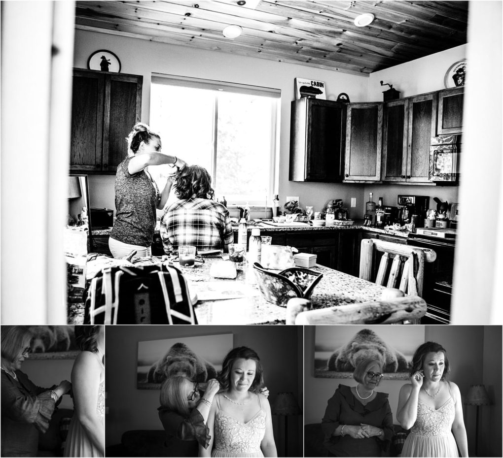 Premier snohomish & seattle wedding photographer | gsquared weddings photography a collage of black and white photos captures women preparing for a snohomish wedding with hairstyling in a kitchen and heartwarming moments of a bride getting ready with an older woman evoking warmth and emotion | serving snohomish seattle                   & beyond