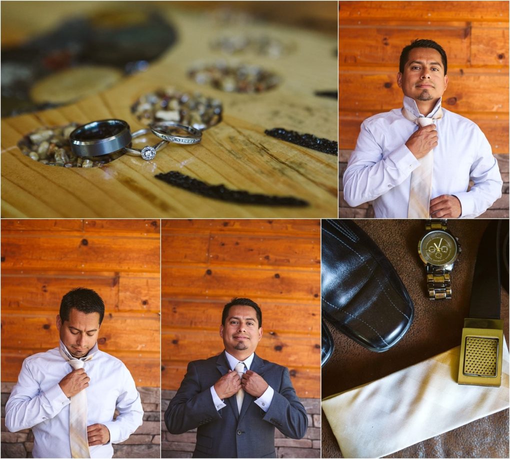 Premier snohomish & seattle wedding photographer | gsquared weddings photography a collage shows a man in formal attire adjusting his tie at a snohomish seattle wedding along with close ups of wedding rings a watch black shoes and a cream colored tie on a wooden surface | serving snohomish seattle                   & beyond