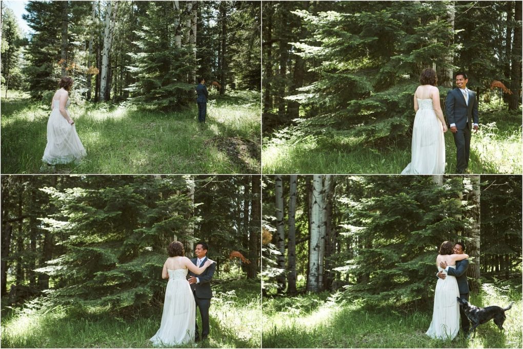 Premier snohomish & seattle wedding photographer | gsquared weddings photography a four panel collage shows a snohomish bride and grooms first look in a forest The bride approaches the groom from behind he turns around they smile at each other and then embrace surrounded by trees and sunlight | serving snohomish seattle                   & beyond