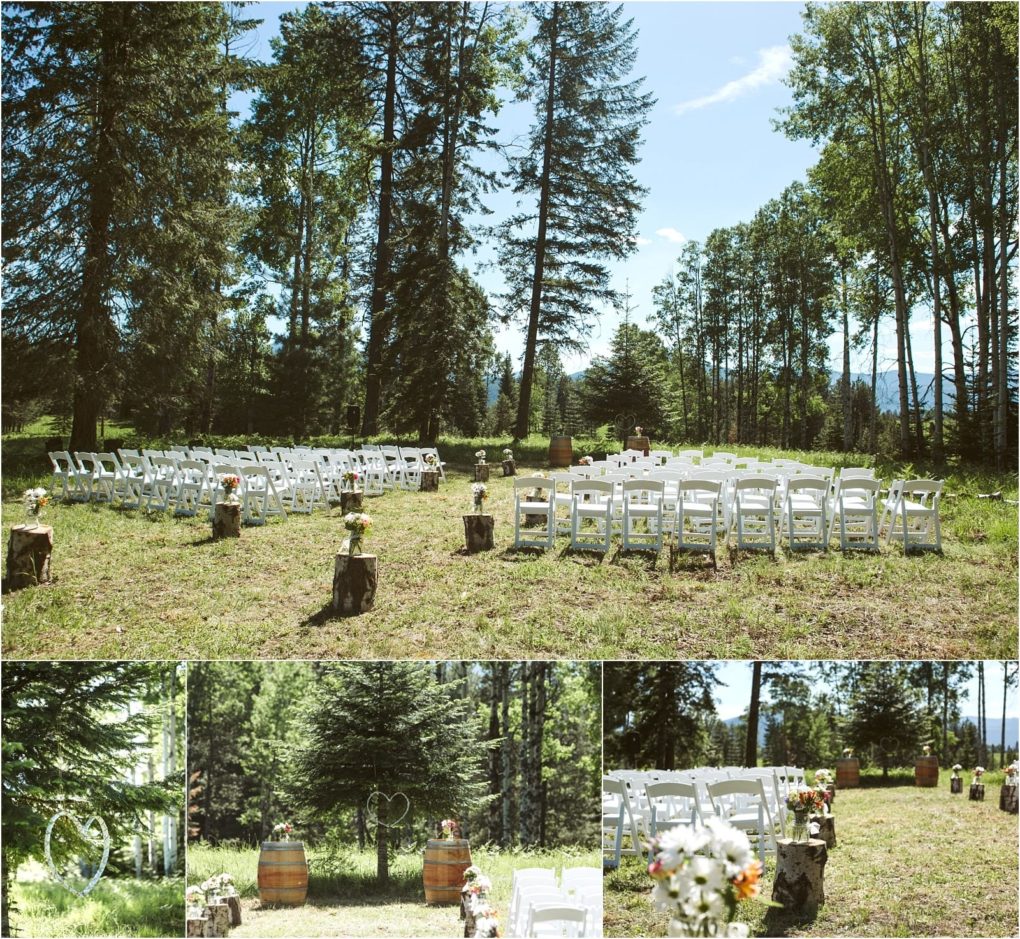 Premier snohomish & seattle wedding photographer | gsquared weddings photography an outdoor snohomish wedding setup in a forest clearing features rows of white chairs flower arrangements wooden stumps and rustic decorations under tall trees on a sunny dayperfect for a seattle engagement celebration | serving snohomish seattle                   & beyond