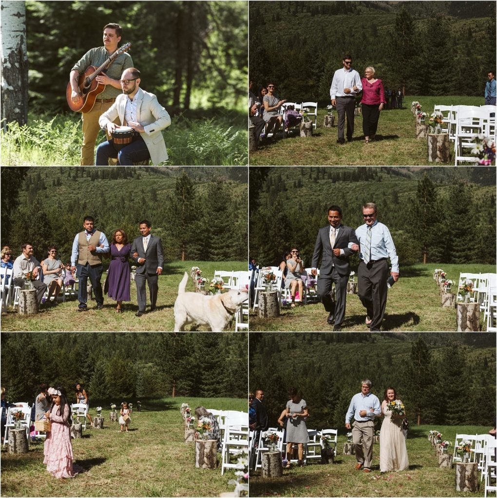 Premier snohomish & seattle wedding photographer | gsquared weddings photography a collage of six outdoor snohomish wedding scenes musicians play guitar and drum and various pairsincluding family members and a dogwalk down an aisle lined with white chairs surrounded by green trees | serving snohomish seattle                   & beyond