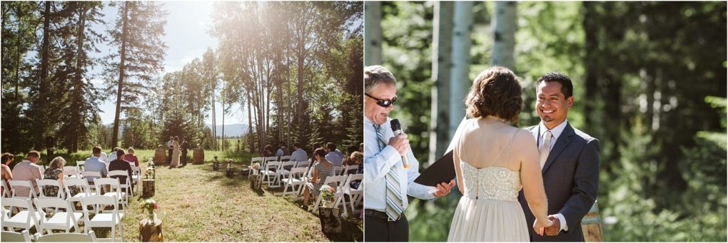 Premier snohomish & seattle wedding photographer | gsquared weddings photography outdoor wedding ceremony in a forest clearing near snohomish guests seated on white chairs watch as a smiling couple holds hands exchanging vows while an officiant reads from papera perfect seattle wedding engagement moment | serving snohomish seattle                   & beyond