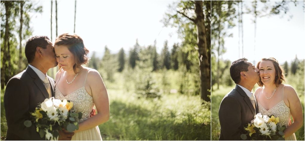 Premier snohomish & seattle wedding photographer | gsquared weddings photography a couple stands outdoors in a sunlit grassy area with trees during their snohomish engagement The man wearing a suit affectionately kisses the womansmiling and holding a bouqueton her cheek Both appear happy and relaxed | serving snohomish seattle                   & beyond