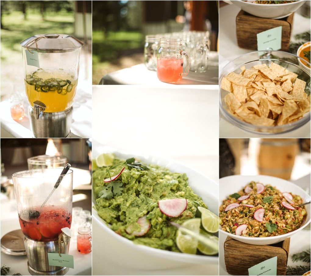 Premier snohomish & seattle wedding photographer | gsquared weddings photography a collage shows lemonade and berry drinks in dispensers a pink beverage in a mason jar tortilla chips guacamole garnished with radish and lime and a bowl of mixed salad at a sunlit snohomish seattle wedding engagement table | serving snohomish seattle                   & beyond