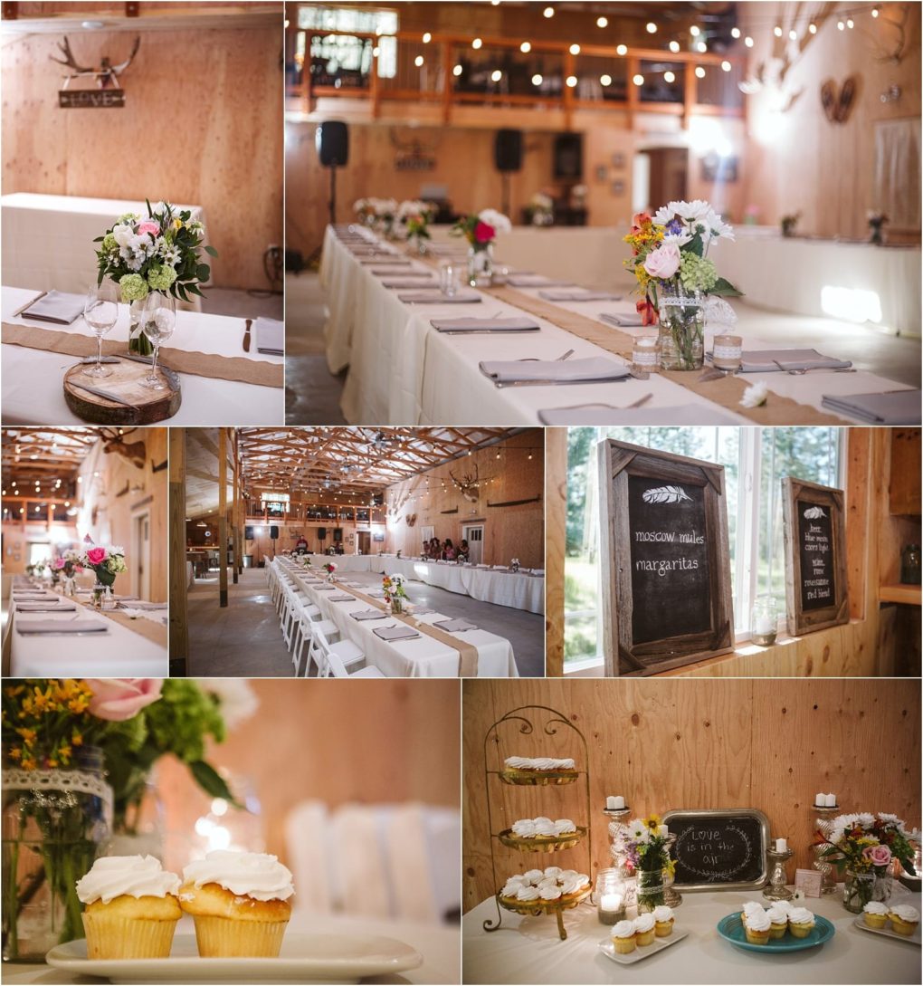 Premier snohomish & seattle wedding photographer | gsquared weddings photography rustic barn snohomish wedding setup with long banquet tables white tablecloths floral centerpieces string lights cupcakes on stands and chalkboard signs for drinks and dessert creates a warm festive seattle engagement atmosphere | serving snohomish seattle                   & beyond