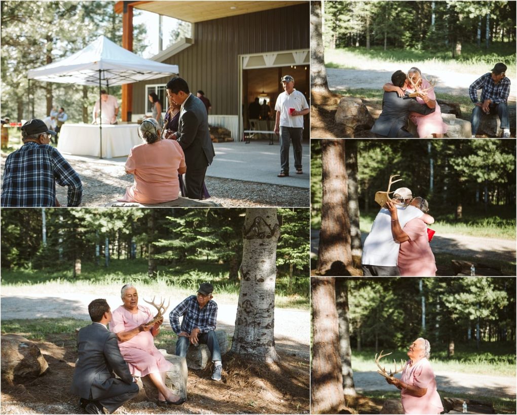 Premier snohomish & seattle wedding photographer | gsquared weddings photography a collage of outdoor photos shows a woman in a pink dress being presented with antlers by a man in a suit during a snohomish engagement surrounded by casually dressed men with trees and a building in the background | serving snohomish seattle                   & beyond