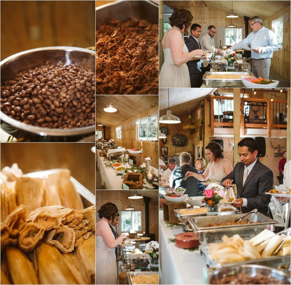 Premier snohomish & seattle wedding photographer | gsquared weddings photography a collage of a rustic indoor buffet at a snohomish wedding with guests in formal attire serving themselves tamales and various dishes Close ups highlight coffee beans shredded meat and tamalesperfect for a seattle engagement celebration | serving snohomish seattle                   & beyond