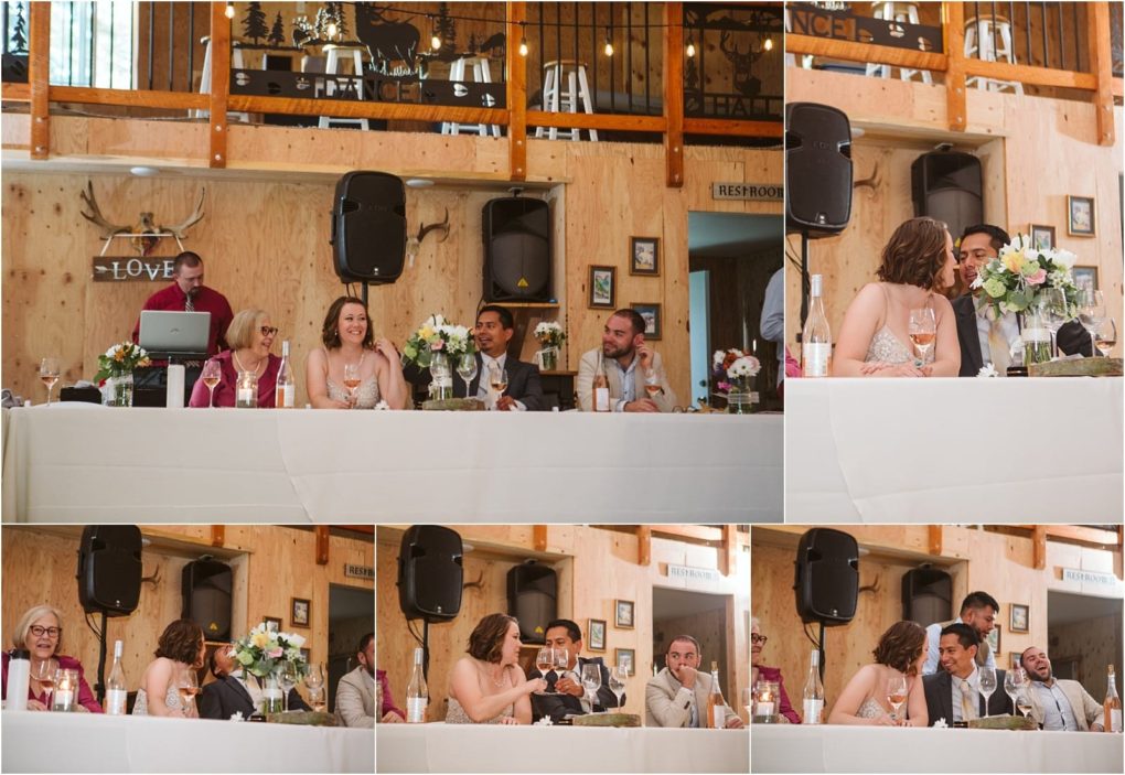 Premier snohomish & seattle wedding photographer | gsquared weddings photography a collage of snohomish wedding reception photos shows people seated at a long white covered table with flowers and drinks delivering speeches laughing and enjoying conversations in a rustic venue with wood walls and decorations | serving snohomish seattle                   & beyond