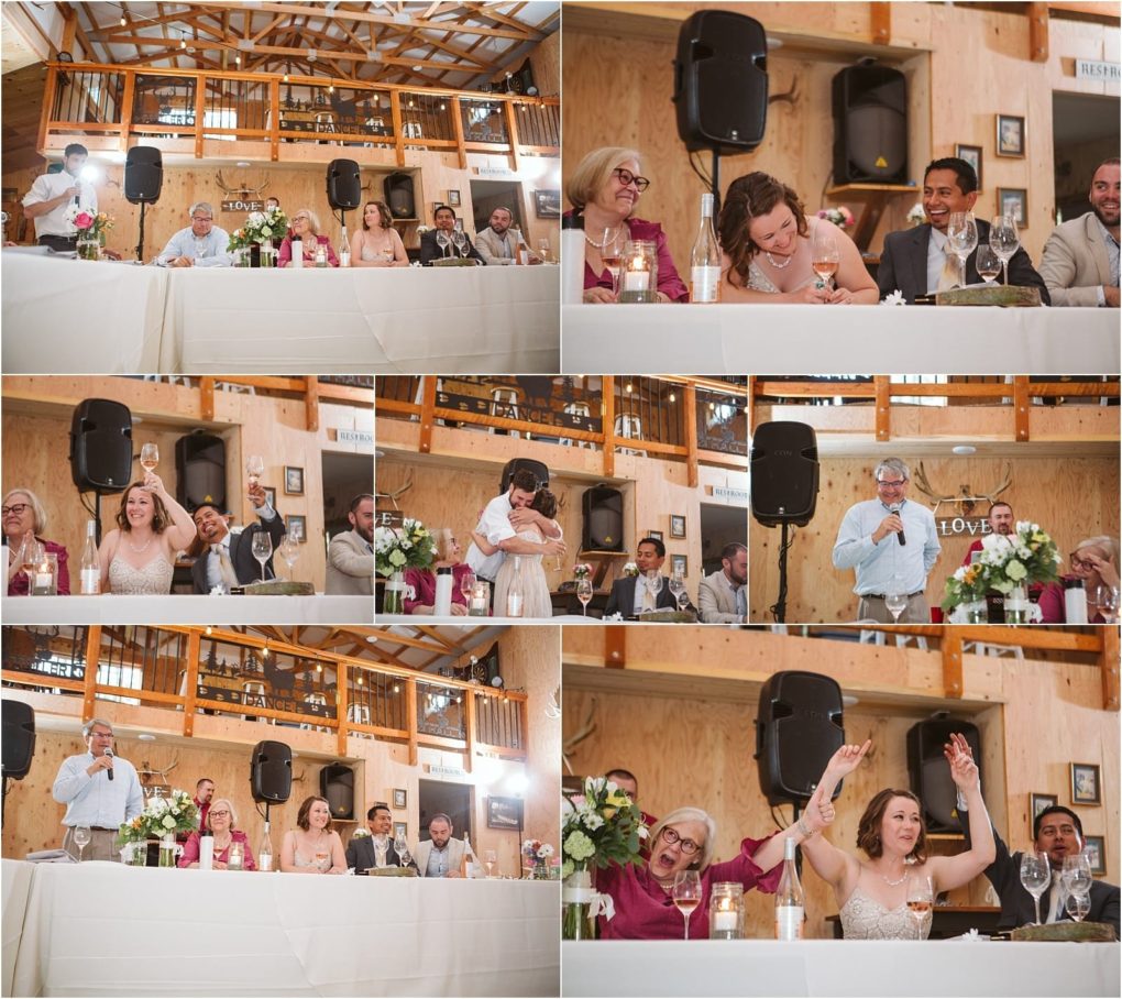Premier snohomish & seattle wedding photographer | gsquared weddings photography a collage of snohomish wedding reception photos shows guests seated at a long table giving toasts raising glasses hugging and celebrating in a rustic wooden venue decorated with flowers and candles | serving snohomish seattle                   & beyond