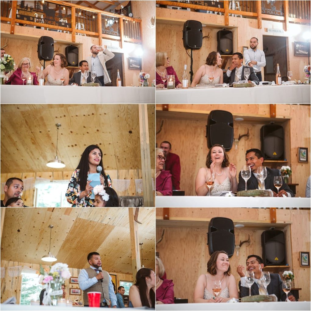 Premier snohomish & seattle wedding photographer | gsquared weddings photography a collage of six photos shows people giving speeches and laughing at a snohomish wedding reception inside a wooden venue with guests seated at tables floral decorations and joyful reactions from the couple and attendees | serving snohomish seattle                   & beyond