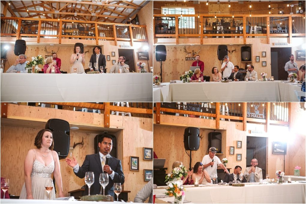 Premier snohomish & seattle wedding photographer | gsquared weddings photography four photos capture people giving speeches and listening at a snohomish wedding reception in a rustic barn The bride and groom stand together while guests at long tables decorated with flowers and wine glasses enjoy the celebration | serving snohomish seattle                   & beyond