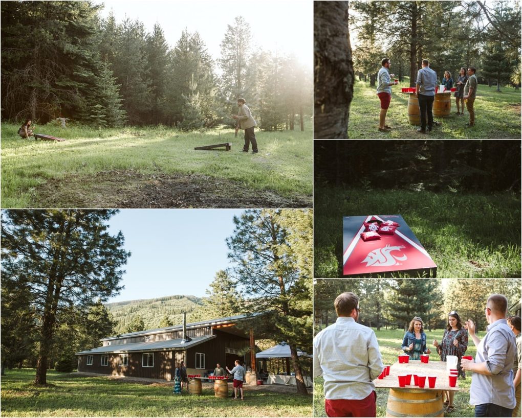 Premier snohomish & seattle wedding photographer | gsquared weddings photography a group of people outdoors playing cornhole and beer pong in a sunny grassy area surrounded by trees near a cabin like buildinga perfect snohomish seattle wedding engagement setting in the forest | serving snohomish seattle                   & beyond