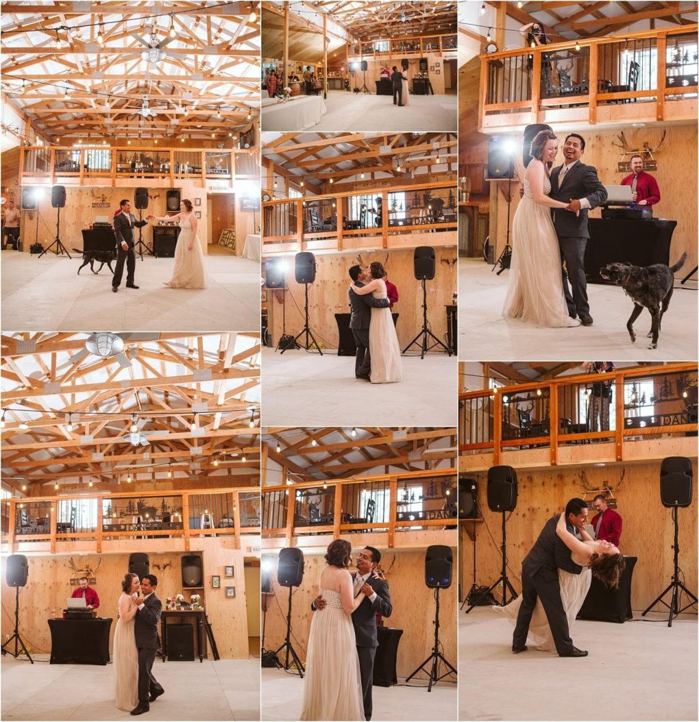 Premier snohomish & seattle wedding photographer | gsquared weddings photography a bride and groom share their first dance in a rustic snohomish barn venue with wooden beams and string lights Their dog briefly joins them on the dance floor as guests look on from the balcony and the dj stands by | serving snohomish seattle                   & beyond