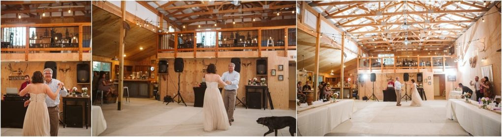 Premier snohomish & seattle wedding photographer | gsquared weddings photography three panel image captures a snohomish seattle wedding a bride and groom share their first dance in a rustic barn with string lights and wooden beams watched by guests A black dog is visible in the rightmost panel adding charm to the moment | serving snohomish seattle                   & beyond