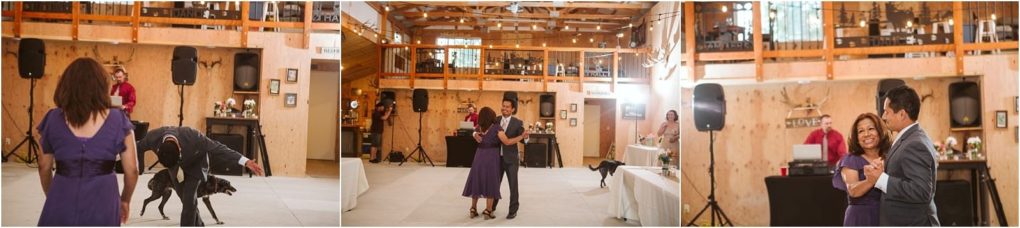 Premier snohomish & seattle wedding photographer | gsquared weddings photography a couple in formal attire dances at a rustic snohomish wedding venue A black dog joins them on the dance floor adding a playful moment to the celebration String lights twinkle as guests enjoy the festive seattle engagement atmosphere | serving snohomish seattle                   & beyond